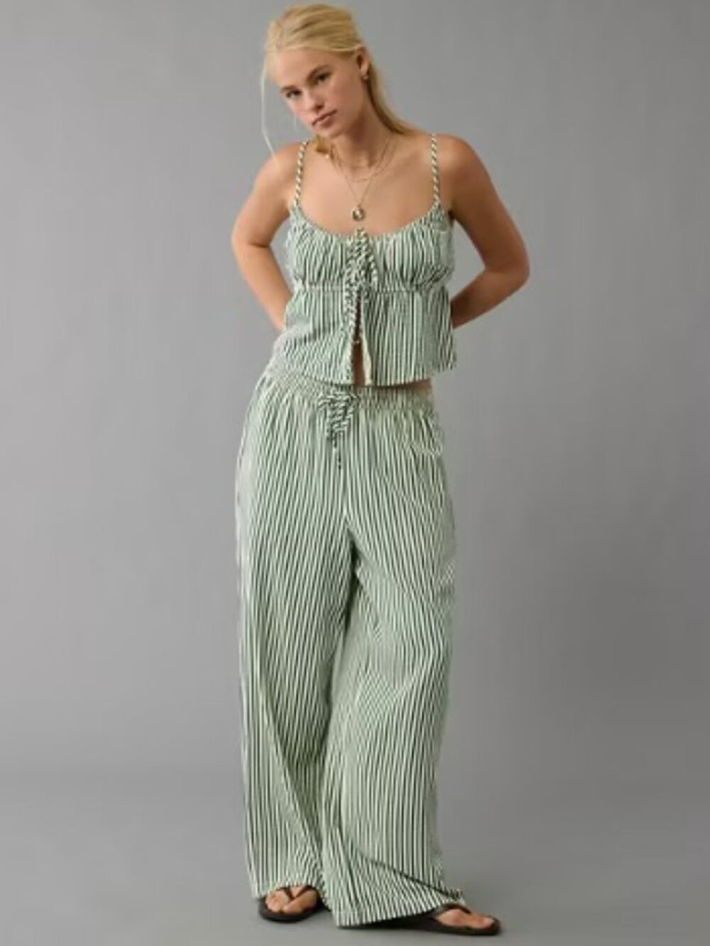 AE Seersucker Wide Leg Pant & Babydoll Cami Striped Set NEW